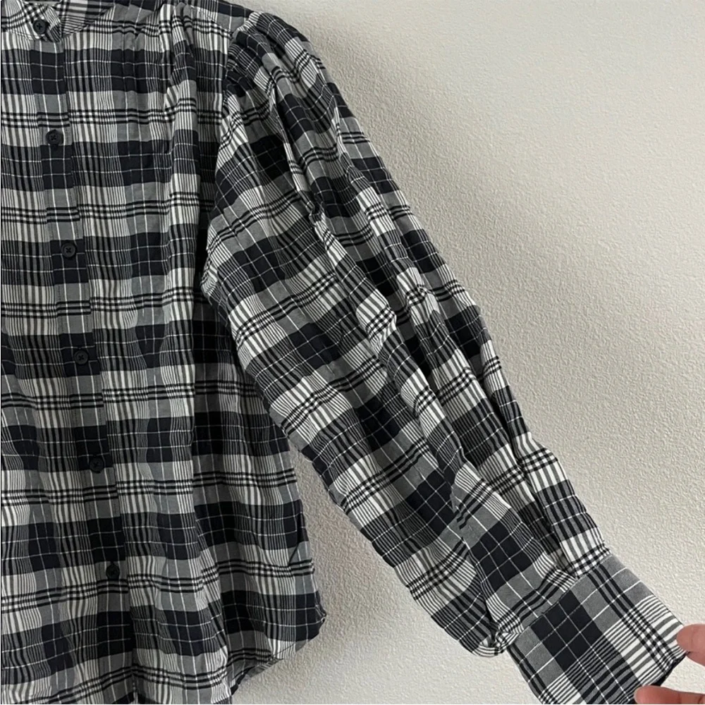 Unsubscribed $280 Plaid Puff Long Sleeves Blouse L NWOT Black White Boho